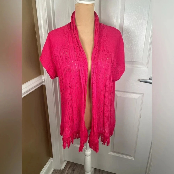🩷 Ruby Red‎ Pink Crocheted Cardigan Large - Picture 4 of 6